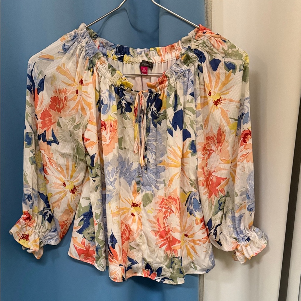 Vince Camuto Multicolor Floral Peasant Blouse - White, Coral, Blue, Yellow